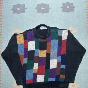 Vintage 90s knit sweater ramie cotton multicolor checkered pullover adult medium